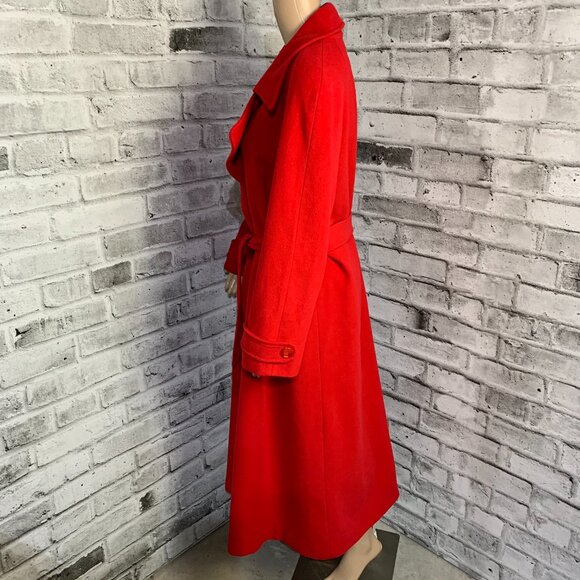 Vintage 90s Red Wool Cashmere Long Overcoat Double Breasted Belted Trench Coat - Picture 5 of 16